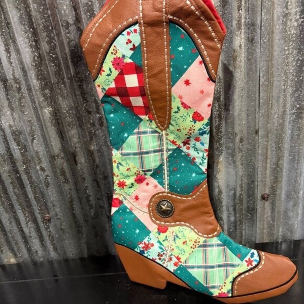 Cowboy Boot Christmas Stocking Quilted Patchwork Brown Leather